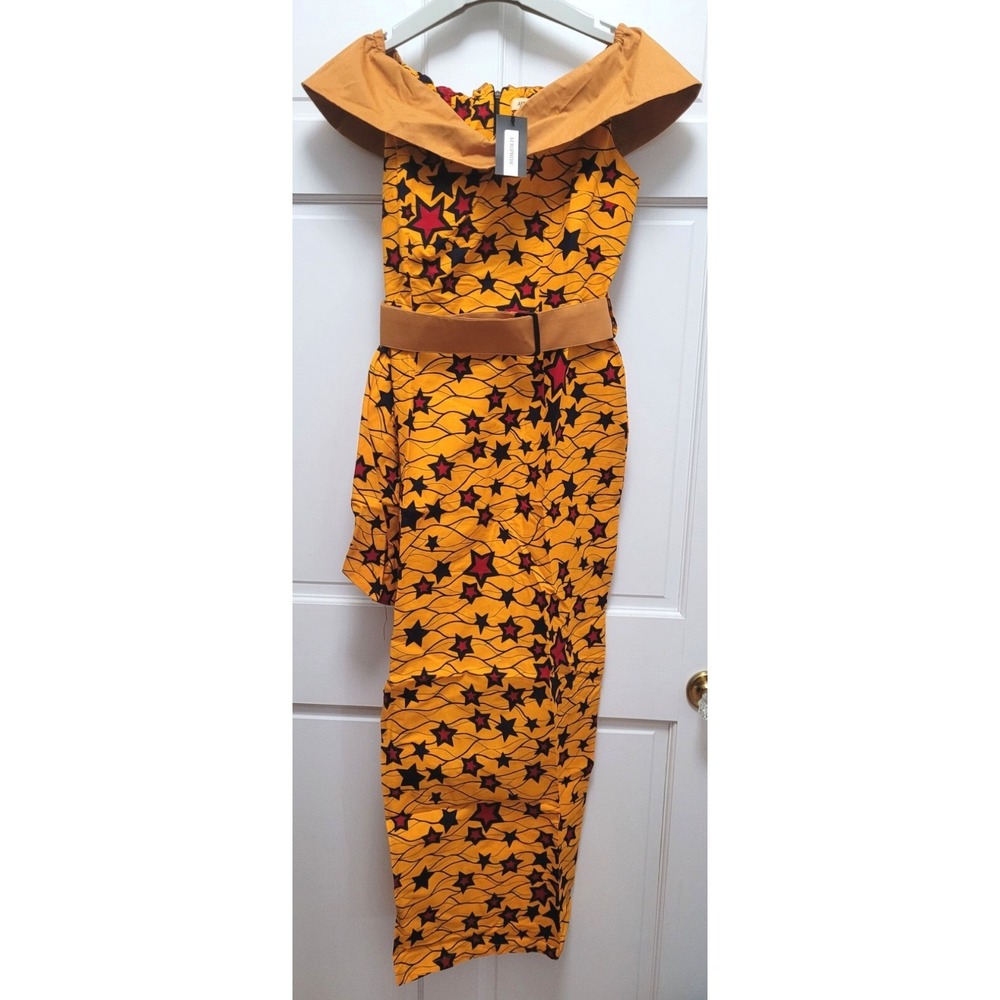 Afripride Sleeveless Belted Off-the-Shoulder Midi Dress Yellow w/ Stars - Medium
